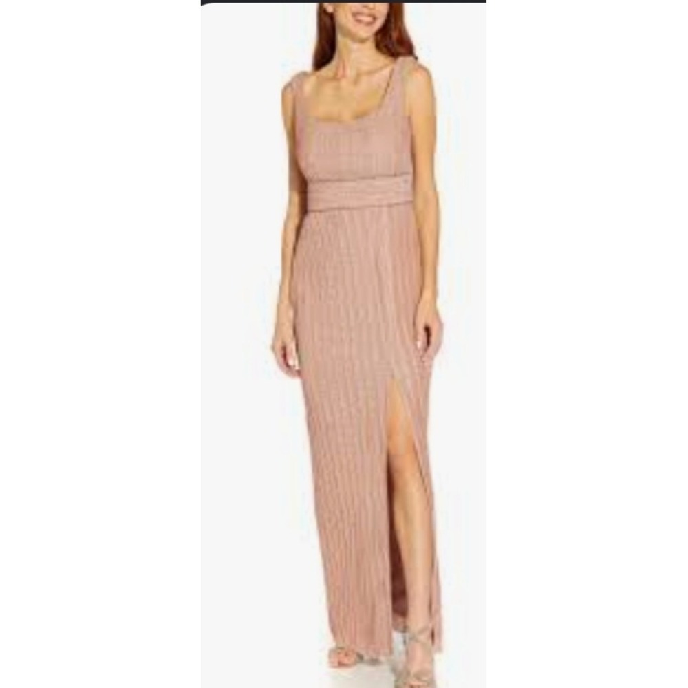 Adrianna Papell Rose Gold Metallic Pleated Maxi Dress Rhinestone Trim Size 4